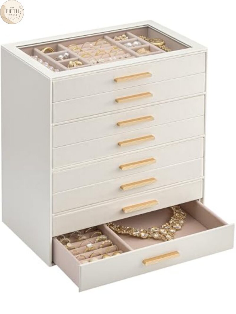 8-Layer Jewelry Box Organizer PU Leather Glass Lid Velvet Lining